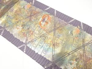 引箔　斜め格子に流水・鳳凰・桐・牡丹模様織り出し　名古屋帯